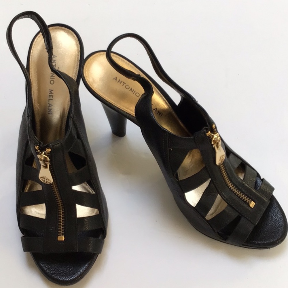 Antonio Melani Black Leather Gold Zipper Heels